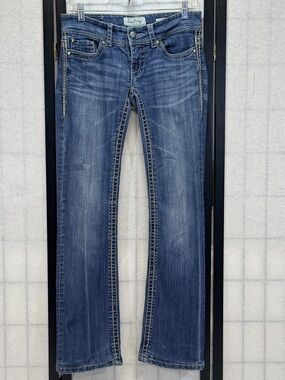 Daytrip Leo Low Rise Boot Cut Faded Denim Jeans 27 Altered Hem Medium Wash